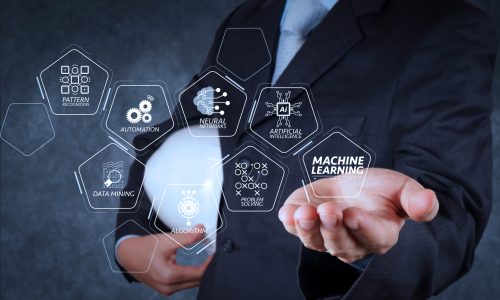 Machine learning technology diagram with artificial intelligence (AI),neural network,automation,data mining in VR screen.smart engineer working on new technology